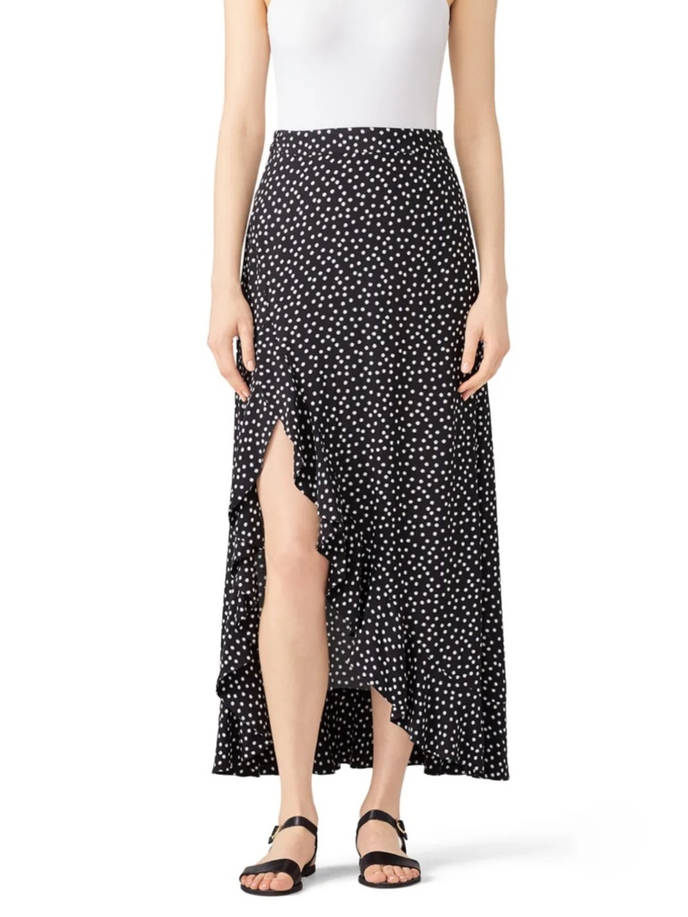 Black and White Polka Dot Patterned Asymmetrical Ruffle Maxi Skirt Greylin XS